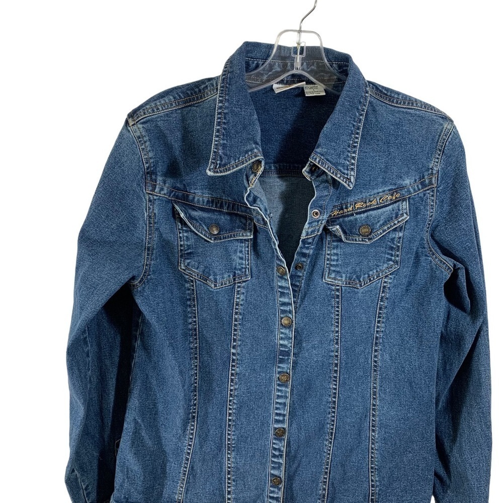 Hard Rock Cafe  Long Sleeve Collared Neck Casual  blue Jean Jacket Snap Closure